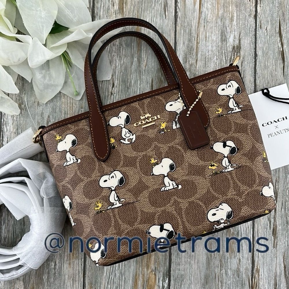 Coach X Peanuts City Mini Tote Bag In Signature Canvas With Snoopy Print Purse